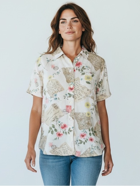 Vintage 90's Liz Claiborne White Floral & Script Short-Sleeve Button-Down